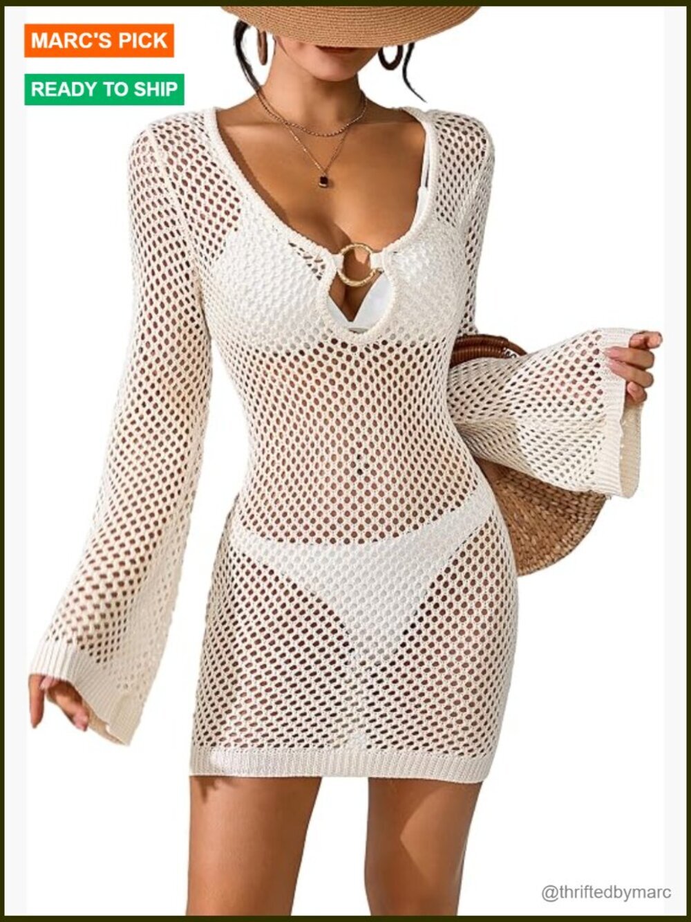 Women's Crochet Swimsuit Cover Up Dress Mesh Knit V-Neck Mini Beach Coverup